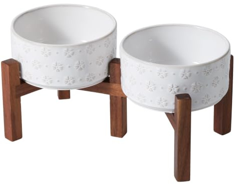 Havniva erhöhte Keramik-Hundenäpfe, erhöhter Hundenapf mit Ständer | 15,5 cm erhöhte Hundenäpfe, Futter- und Wassernapf-Set, rutschfester Akazienholzständer, Napf für kleine Hunde, 800 ml