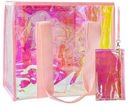 TotePrint Bolsa de playa grande transparente con patrón iridiscente, impermeable, asas de transporte moradas, Rosa., large