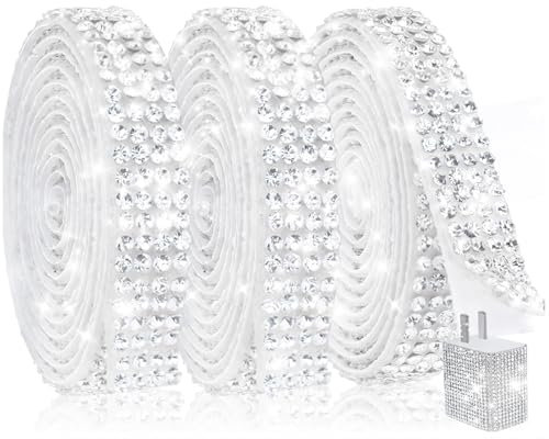 Sinbeon 3 Rollen strasssteine selbstklebend, 2,7 Meter, selbstklebendes funkelndes Diamantband, DIY für Dekoration, Geburtstag, Geschenk (Silber,10mm,4-reihiger Strass)