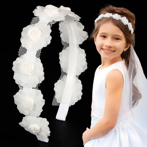 BOOMTOP Haarreif Kommunion Mädchen Blumen Haarschmuck Weiß Glitzer Stirnband Taufe Prinzessin Haarband Hochzeit Blumenmädchen Haarkranz Kopfschmuck mit 3D Blüten für Geburtstag Karneval Erstkommunion
