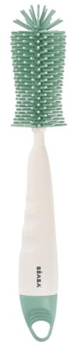 BÉABA, Cepillo para Biberones y Tetinas de Silicona Ultrasuave, Punta de Textura Suave, Limpia Biberones, Tetinas y Pequeños Accesorios, Mango Ergonómico, Agujero para Colgar, Verde Salvia