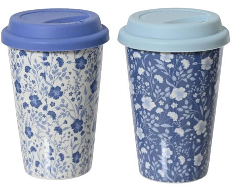 Becher 14cm Porzellan mit Blumenmuster 1 Stück sortiert - 390ml Trinkbecher mit Deckel - Teebecher Kakaobecher Kaffeebecher To Go - Trinkgeschirr Porzellanbecher - Blau Weiß