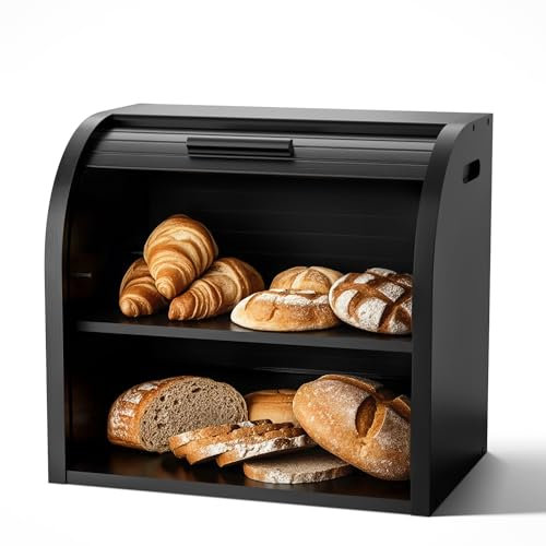 G.a HOMEFAVOR Bamboo Bread Bin 2-Layer Bread Box, Roll-Top Bread Storage for Kitchen with Removable Layer, Self Assembly, Black