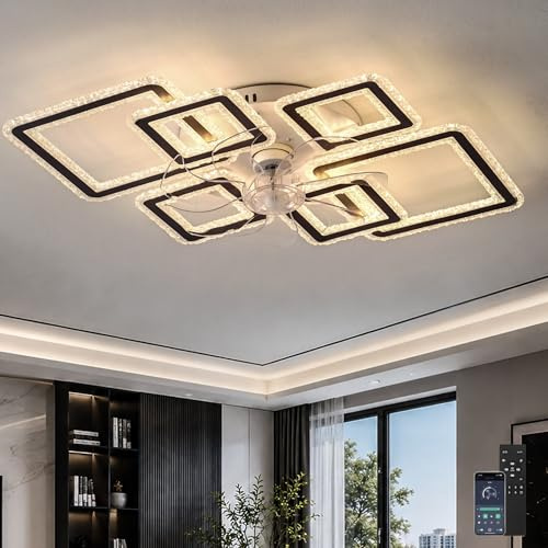 Cucummn Lampara Ventilador Techo Grande Marco Cuadrado Moderno Smart Ventilador de Techo con Luz Y Mando A Distancia Regulable Memoria Cristales Ceiling Fan With Light 6 Velocidades Reversible Salón