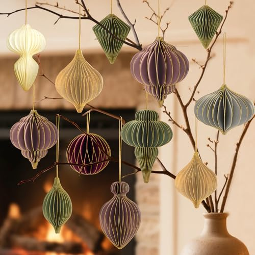 12 Pcs Christmas Paper Honeycomb Ornaments for Tree, 3D Glitter Edge Paper Honeycomb Lanterns Reusable Decorative Hanging Ornaments for Xmas Tree New Year Holiday Party Home Decor, Green Pink