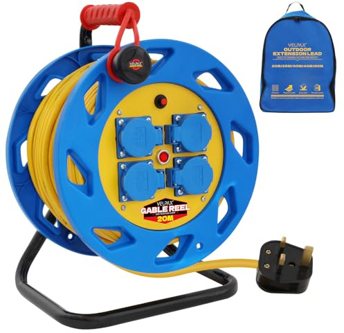 20m Outdoor Extension Lead,4 Socket Heavy Duty Extension Reel,Thermal Cut-Out,13A Fused UK Plug,Ideal for Garden,Lawn Mower,Office Use