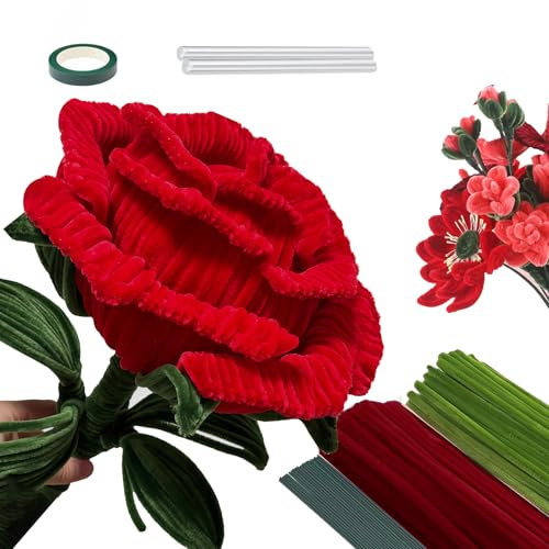Pfeifenreiniger Blumen Set für Riesenrosen, 400 Stück Pfeifenputzer zum Basteln, Komplettes Set mit Chenilledraht, Blumenstäben, Klebeband & Heißkleber für Blumendeko & DIY Geschenk