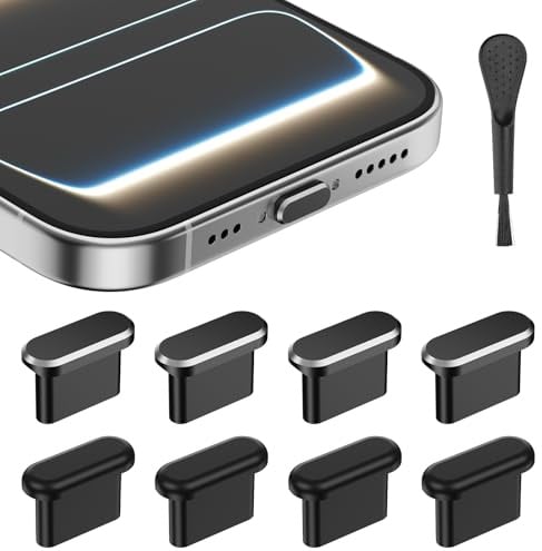 AUZOSL USB C Staubschutz für iPhone 17/17 Pro, 4 Aluminium+4 Silikon | Schutzkappe Set mit Aufbewahrungsbox & Reinigungsbürstchen (Schwarz)