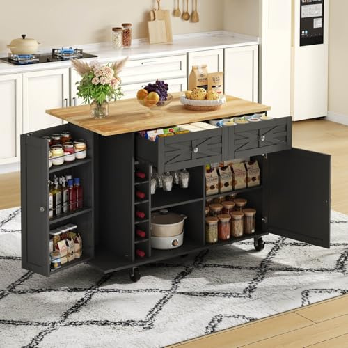 EURHCIO Desserte Cuisine à 5 Roues Verrouillables 120x45(70) x89cm,Ilot Central Cuisine avec Plan de Travail Pliable,Porte-Bouteilles,Porte-Verres,2 Tiroirs,Etagères Réglables(C-Noir)