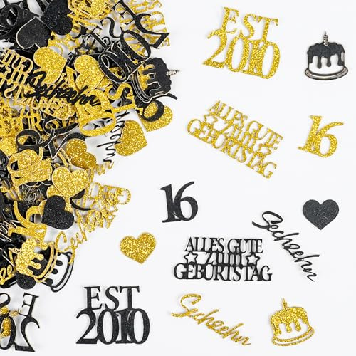 Tasoraor 150 Stück 16. Geburtstag Deko Jungen Mädchen - 16 Geburtstagsdeko Schwarz Gold Konfetti Glitzer Tischdeko, Streudeko zum 16 Jahre Kindergeburtstag Party Dekoration