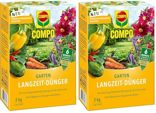COMPO Garten Langzeit-Dünger für Gartenpflanzen, Umweltschonendere Rezeptur, 6 Monate Langzeitwirkung, 2 kg, 37 m² (Packung mit 2)
