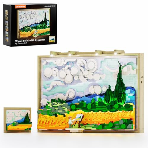 Lumibricks Weizenfeld mit Zypressen Klemmbausteine mit Licht,3D Wandkunst im Rahmen oder Schreibtisch Deko, Geschenk für Kunstliebhaber,Kreative Aktivität für Männer und Frauen,21001,2632PCS