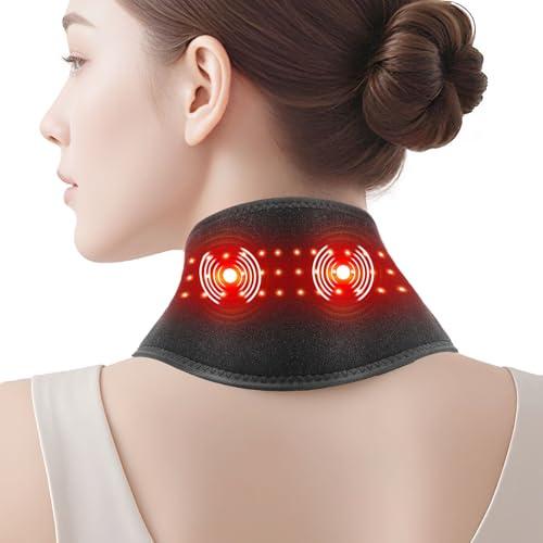 Cordless Neck Heating Pad with Vibration Massage, Portable Neck Warmer with 660nm Red Light, 3 Heat Levels, 3 Vibration Modes, and 3000mAh Battery, Suitable for Women Men, 85cm Length