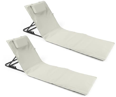 Baroni Home Set di 2 Lettini Prendisole Pieghevoli da Spiaggia con Cuscino Imbottito, Schienale Reclinabile, Tasca Portaoggetti, Sdraio Portatile per Mare Piscina Campeggio, 48x150x52 cm Panna