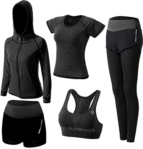 ZETIY Damen Traingsanzug Yoga Kleidung Anzug 5er-Set Sportanzüge Jogginganzug Gym Fitness Kleidung Laufbekleidung Sportswear Sport Yoga Outfit Damen BH Leggings Set - Schwarz - XL