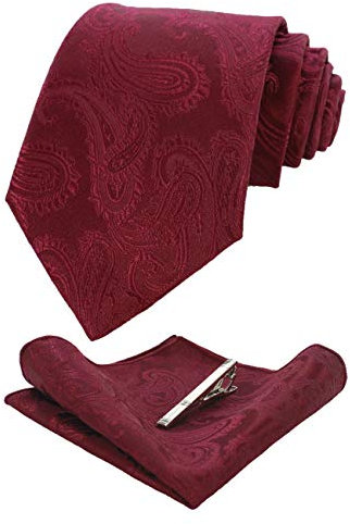 JEMYGINS Graziös Paisley Elegant Herren Krawatte und Einstecktuch mit krawattenklammer Sets (Dunkelrot2)