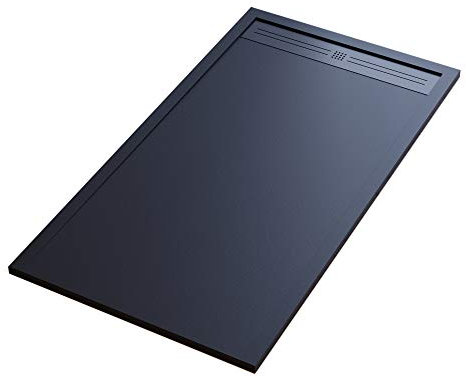 Essence ArredoBagno Piatto Doccia Mineralmarmo Effetto Pietra Ardesia - Modello Sun - Marmo Resina con Gelcoat - Griglia Laterale Acciaio Inox in Tinta - Colore Nero - 70x120