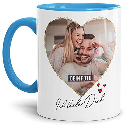 Tasse mit Spruch - Ich Liebe Dich - zum Selbst gestalten mit Zwei Fotos in Herzform - Geschenkidee für den Partner, Innen & Henkel Hellblau, 300 ml