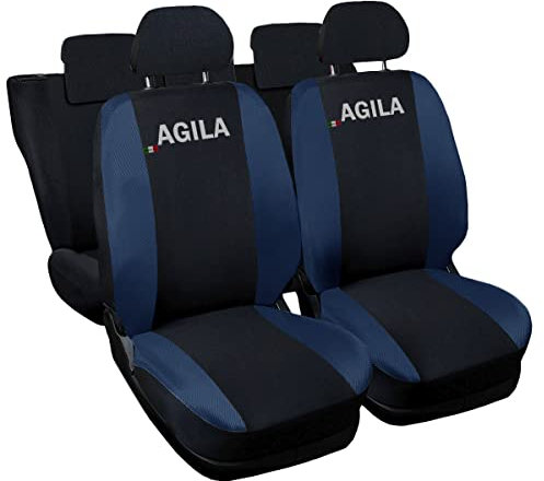 Auto Accessori Lupex Autositzbezüge, kompatibel mit Agila, hergestellt in Italien, Sitzbezüge, Vorder- und Rücksitzbezüge, gesticktes Logo, kompatibel mit Airbag, Innenraum (schwarz/dunkelblau)