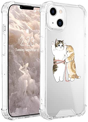 Idocolors Clear Two Cat Phone Case for iPhone 11 Shockproof Slim Phone Case Hard Plastic Back + TPU Soft Bumper with Air Cushion Protective Cover for Kids Women