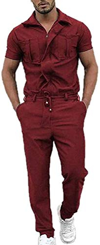 oytto Herren Revers Latzhose Kurzarm Arbeitsoverall Kurzarm Arbeitskleidung Boilersuit Latzhose, rot, M
