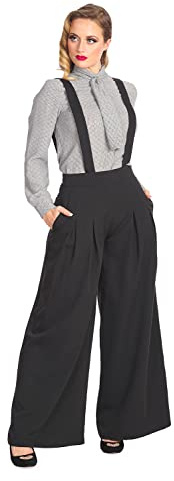Banned Diamond Palazzo Hose Hohe Taille Hosenträger Vintage Hose Retro 40er 50er Jahre, Schwarz, XL