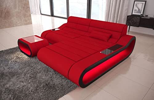 Sofa Dreams Ecksofa Concept kurz - mit LED Beleuchtung, Ottomane/Mikrofaser/Ausrichtung wählbar (Ottomane rechts, Schwarz-Rot)