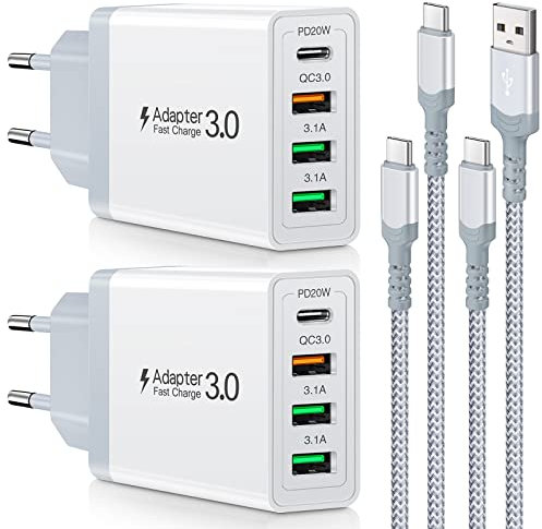 2 Pack 35W 4-Port USB-C Ladegerät mit 2X 6.6Ft 60W USB-C Kabel, Schnellladegerät USB Stecker Kompatibel mit iPhone 16/15, Samsung Galaxy, Google Pixel Tablet, iPad Pro | PD 3.0 Technologie (Weiß)