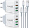 2 Pack 35W 4-Port USB-C Ladegerät mit 2X 6.6Ft 60W USB-C Kabel, Schnellladegerät USB Stecker Kompatibel mit iPhone 16/15, Samsung Galaxy, Google Pixel Tablet, iPad Pro | PD 3.0 Technologie (Weiß)
