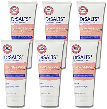 DrSALTS+ Recharge Boost Shower Gel - Invigorating Epsom Salts to Rejuvenate Mind & Body with Pink Grapefruit Essential Oils - Vegan & Cruelty-Free, 6x200ml