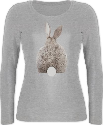 Langarmshirt Damen - Ostern Hase I Hasen Oster Hasenmotiv I Osterhase - L - Grau meliert - osterbekleidung osterhasen Ostern￼ Langarm Shirt häschen Kaninchen Shirts Oberteil mit Rabbit