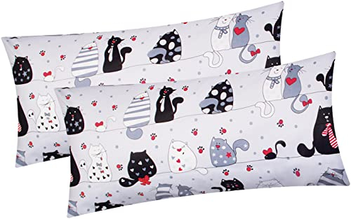 Kissenbezug 2er Set in 40x80 cm Renforcé, 100% Baumwolle - Katzen Grau mit Pfoten, Sternen und Herzen - Kopfkissen-Bezug, Kissenhülle, Dekokissenbezug (KY-Katzen-Grau-40x80)