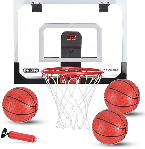 PATIKIL Mini Basketball Hoop with LED Light Electronic Scoreboard, 16x12 Door/Wall Mounted, 3 Mini Basketballs, Transparent, Iron, Polycarbonate (PC), Unisex Adult, Basketball