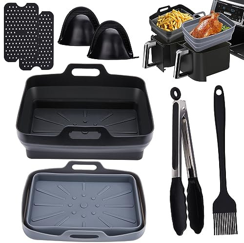shirylzee Silicone Air Fryer Liners, 8 PCS Air Fryer Accessories for Ninjas Dual Air Fryer AF300UK, AF400UK & 7.6L-9.5L, Reusable Air Fryer Basket, Silicone mat/Gloves, Brush&Food Clip