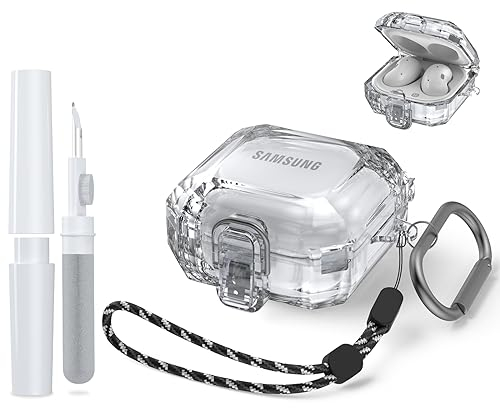 [4 in 1] Kopfhörer Hülle für Samsung Galaxy Buds Pro/Live/2/2 Pro, Kompatibel mit Sicherheitsschloss, Karabiner, Lanyard und Reinigungsstift - Transparent