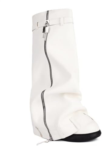 Stivali Donna in Denim Chiusura a Lucchetto Plateau,Comodi Cerniera Laterale e Punta Tonda Stivali al Ginocchio,Stivali Lunghi Motociclista Punk Stampa in Pelle di Serpente,1 White,36 EU