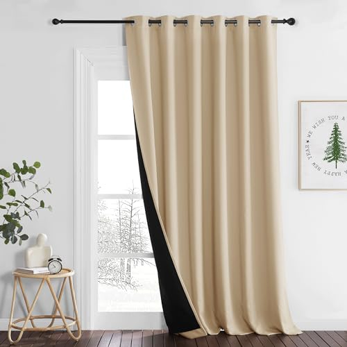 PONY DANCE Rideaux Salon - Rideau Opaque Grand Largeur L 200 x H 245 cm, Jaune Beige, Draperies Occultants 100% Lumière Bloquer 2 Couches Panneaux avec Noir Doublure, Lot de 1