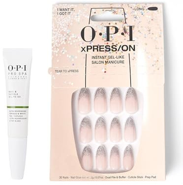 OPI xPRESS/ON Press On Nails & Cuticle Oil, 30 Pcs Reusable False Nails with up to 14 Days of Wear, Deeply Nourishing Cuticle Oil, I Want It, I Got It, Nude Nail Polish