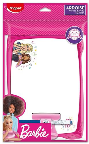 Maped - Set aus Schiefertafel, weiß, Barbie – weich, bruchsicher – 1 löschbarer Schiefer + 1 Zubehörhalter + 1 Bürste + 1 Filzstift – doppelseitig