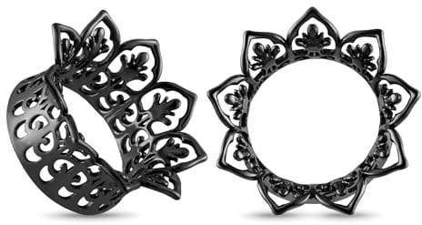 Longbeauty 1 Paar Edelstahl Flesh Ohr Tunnel Plugs Blumen Silber Gold Schwarz Ohr-Piercing Schmuck Ohrdehner, Schwarz, 12MM