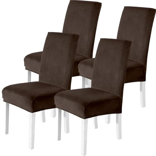 CYCMACO Stuhlhussen Samt 4er Set, Stretch Stuhlüberzieher, Stuhlbezug Schwingstuhl, Hussen Für Stühle Hochlehner, Stuhlbezüge Kratzfest, Universal Chair Cover Waschbarer, Kaffee