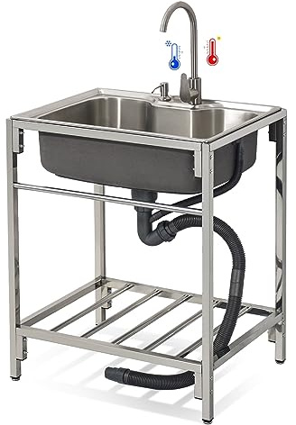 Freistehende Edelstahl-Waschbecken,72 x 52 x 85 cm Spültisch Gastro 1 Becken Gewerbliche Spülbecken mit Kalt und Warmwasserschläuchen für Garage, Restaurant, Küche