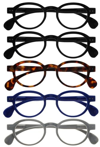 OPULIZE OCA Lesebrille - 5er-Pack - Moderne Runde Retro-Fassung - Schwarz Braun Blau Grau - Herren Damen - Federscharniere - RRRRR54-11237 - +1.50
