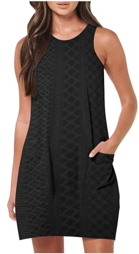 Vestito in Donna Elegante Curvy Abiti Estivi Taglie Forti Girocollo Manica Corta Vestiti Casual Abito Eleganti Tinta Unita Vestito Boho Women's Dress Abito da Spiaggia Vestiti Primavera con Tasca