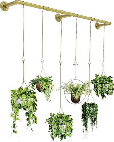 SOFITORG Plant Hanger Indoor, Hanging Planters for Indoor Plants with 6 Hanging Chains, Wall Plant Hanging Rod for Window Ceiling, 65 Inch, Metal/Golden…