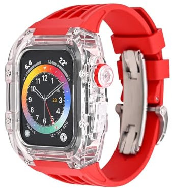 INSTR Funda transparente + correa para Apple Watch series 9 8 7 45MM correa de reloj Kit de modificación de pulsera de cubierta completa para iWatch Series 6 5 4 44mm(Color:Red,Size:45mm)