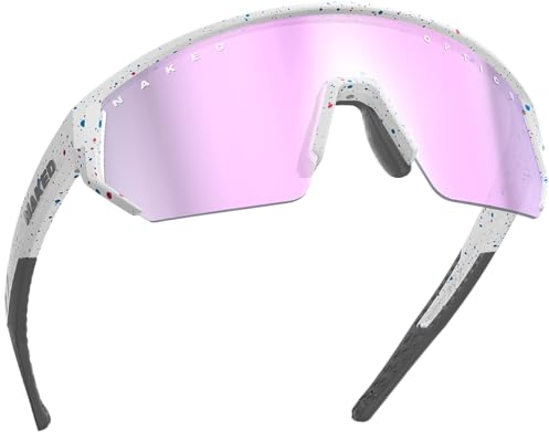 NAKED Optics BLADE Sportbrille Herren, Fahrradbrille Damen, Sport Sonnenbrille mit UV400 Schutz, Schnelle Brille, Rennrad Radbrille, Laufbrille, TR90 Rahmen (Weiß m. bunten Dots (Lila Glas))