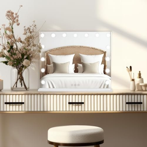 Light Up Hollywood Mirror 58cm x 46cm 15 LED Vanity Makeup Table Wall Touch Screen 3 Colour Modes Bluetooth Speaker 2 Charging Ports USB-A & USB-C Microfibre Cleaning Cloth 10 x Magnification Mirror