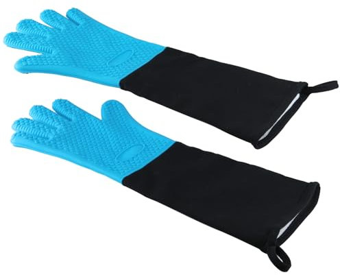 1 Paar extra lange professionelle Ofenhandschuhe, rutschfester Silikongriff, hitzebeständig, 50 cm Länge, bis zu 300 °C für Grillen, Kochen, Backen, Grillen (blau)