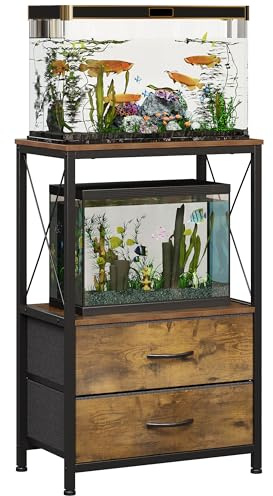 Welfuturer Aquarium-Ständer mit 2 Ebenen, Metallrahmen, robuster Reptilien-Tank-Ständer mit Stauraum für Zuhause, offizielles Aquarium, Zubehör, 30 l, Braun